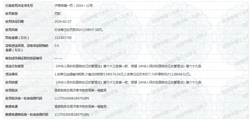 因逃避缴纳税款，济南海峡美容整形医院被罚123万